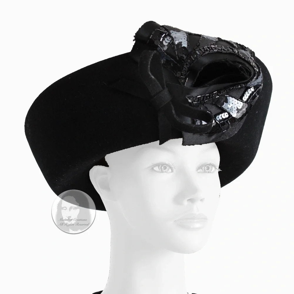 Mr. John Hat Breton Black Wool Felt Embellished Sequins Bow Formal Vintage 60s